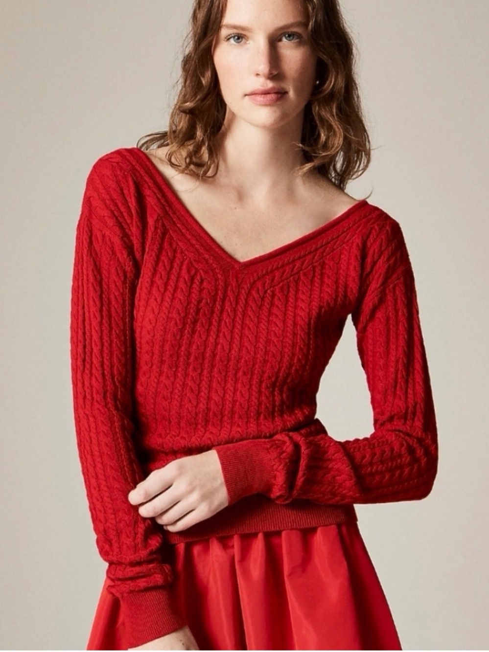 J. Crew Red Cable-Knit V-Neck Merino Wool Sweater S New